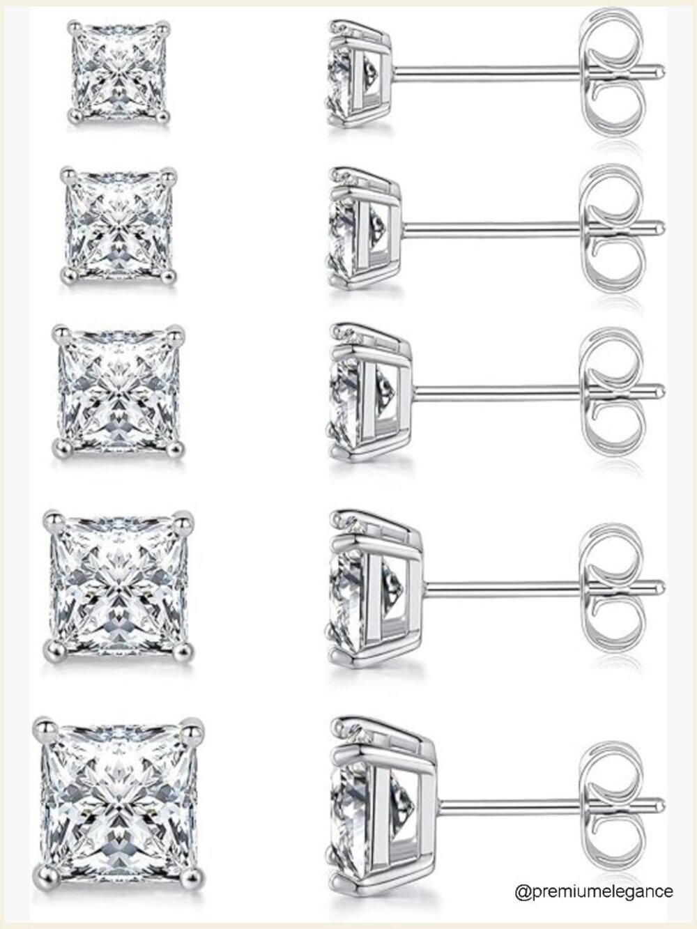 5 Pairs Square Stud Earrings Set - Cubic Zirconia Studs 3-7mm